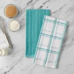 Premium cotton terry kitchen towel set in teal and white patterns