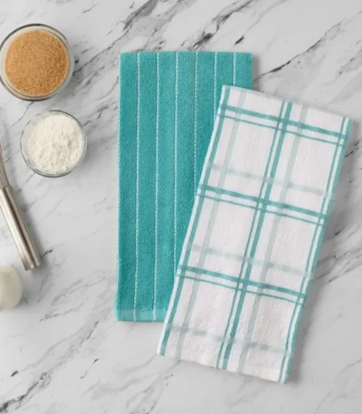 Premium cotton terry kitchen towel set in teal and white patterns