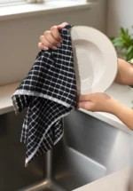 Midnight Black Grid Terry Tea Towel being used to dry a white plate.
