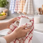 Red Check Terry Cotton Kitchen Towel being used to dry a white mug.