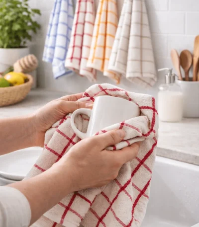 Red Check Terry Cotton Kitchen Towel being used to dry a white mug.