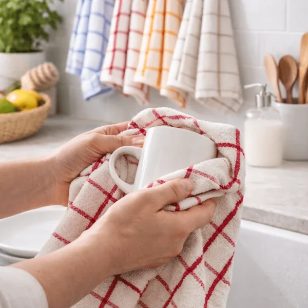 Red Check Terry Cotton Kitchen Towel being used to dry a white mug.