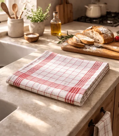 Chef Classic Red Check Kitchen Towel on a marble countertop Multan Pakistan Low MOQ