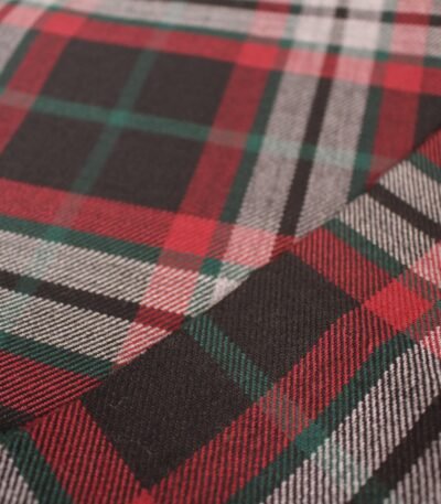 Premium red and charcoal plaid flannel fabric with green and white stripes