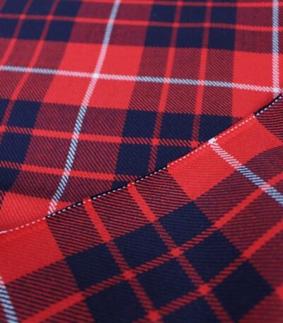 Premium red and navy plaid fabric with white intersecting stripes
