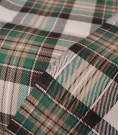 Premium sage and cream plaid flannel fabric with charcoal and rust stripes
