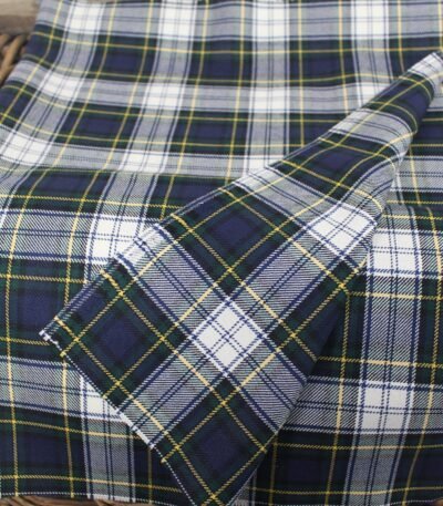 Premium navy green tartan fabric with yellow and white intersecting stripes