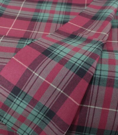 Bulk cotton flannel fabric in maroon and teal green tartan pattern