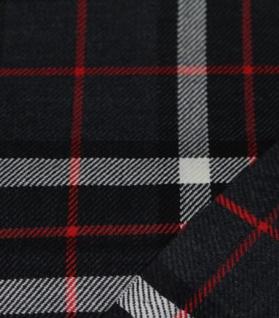 Premium charcoal plaid flannel fabric with white and red stripes
