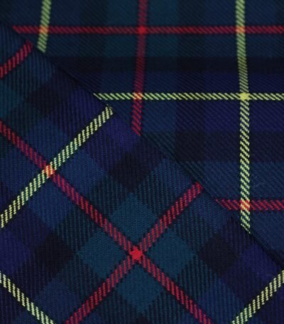 Premium navy and green yarn dyed flannel bedding fabric with yellow and red stripes